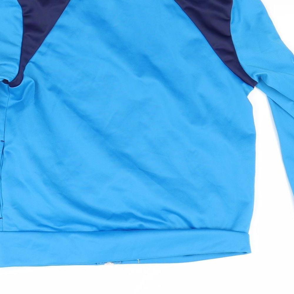 Brand and care label for Domyos boys’ blue full zip sweatshirt, size 10, years