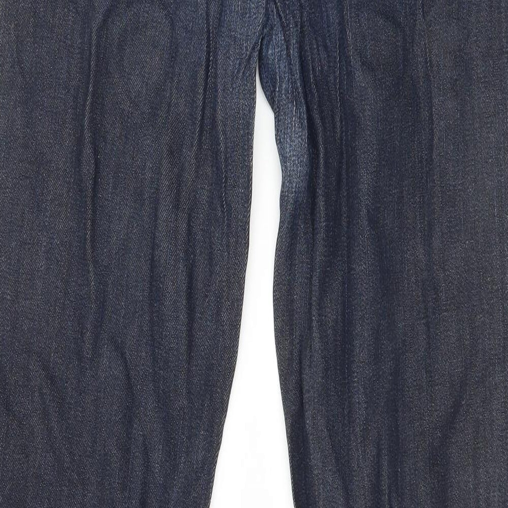 Brand and care label for H&M men’s blue denim straight jeans, size 28, in, 31-inch leg