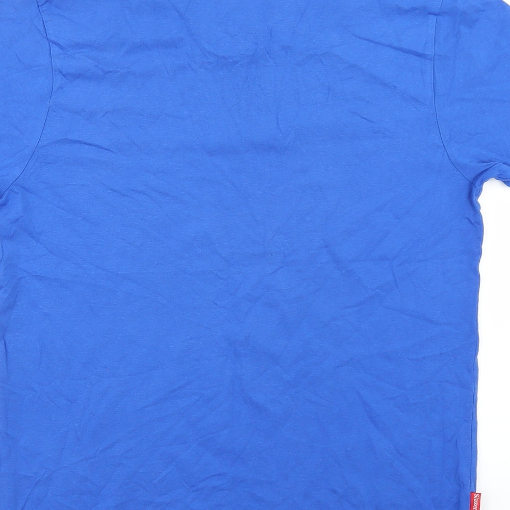 Brand and care label for Slazenger women’s blue basic t-shirt, size S