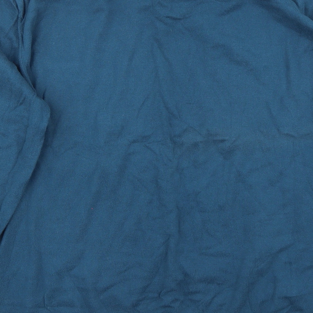 Brand and care label for Marks & Spencer men’s blue jumper, size XL