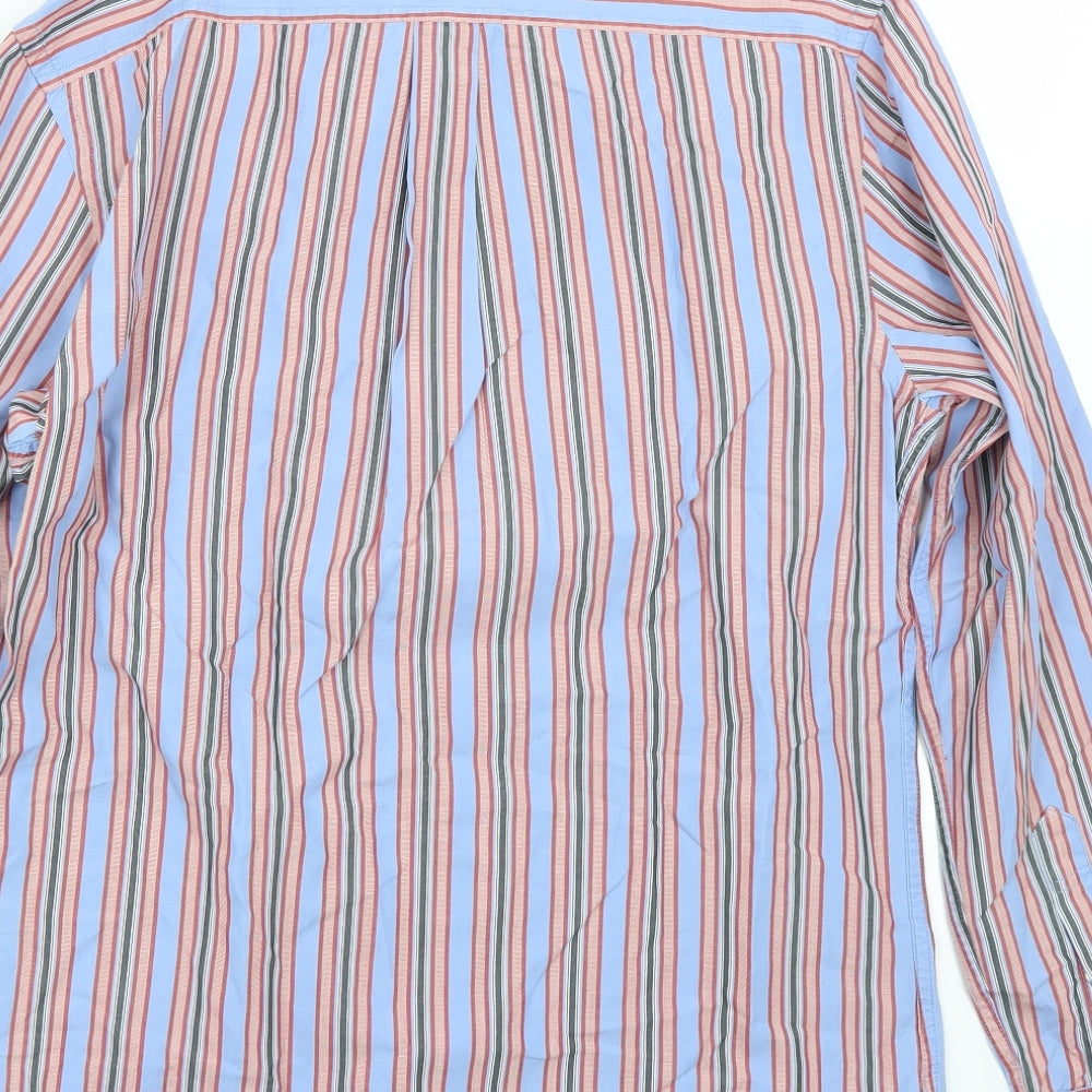 Brand and care label for Gap men’s blue striped button-up, size S