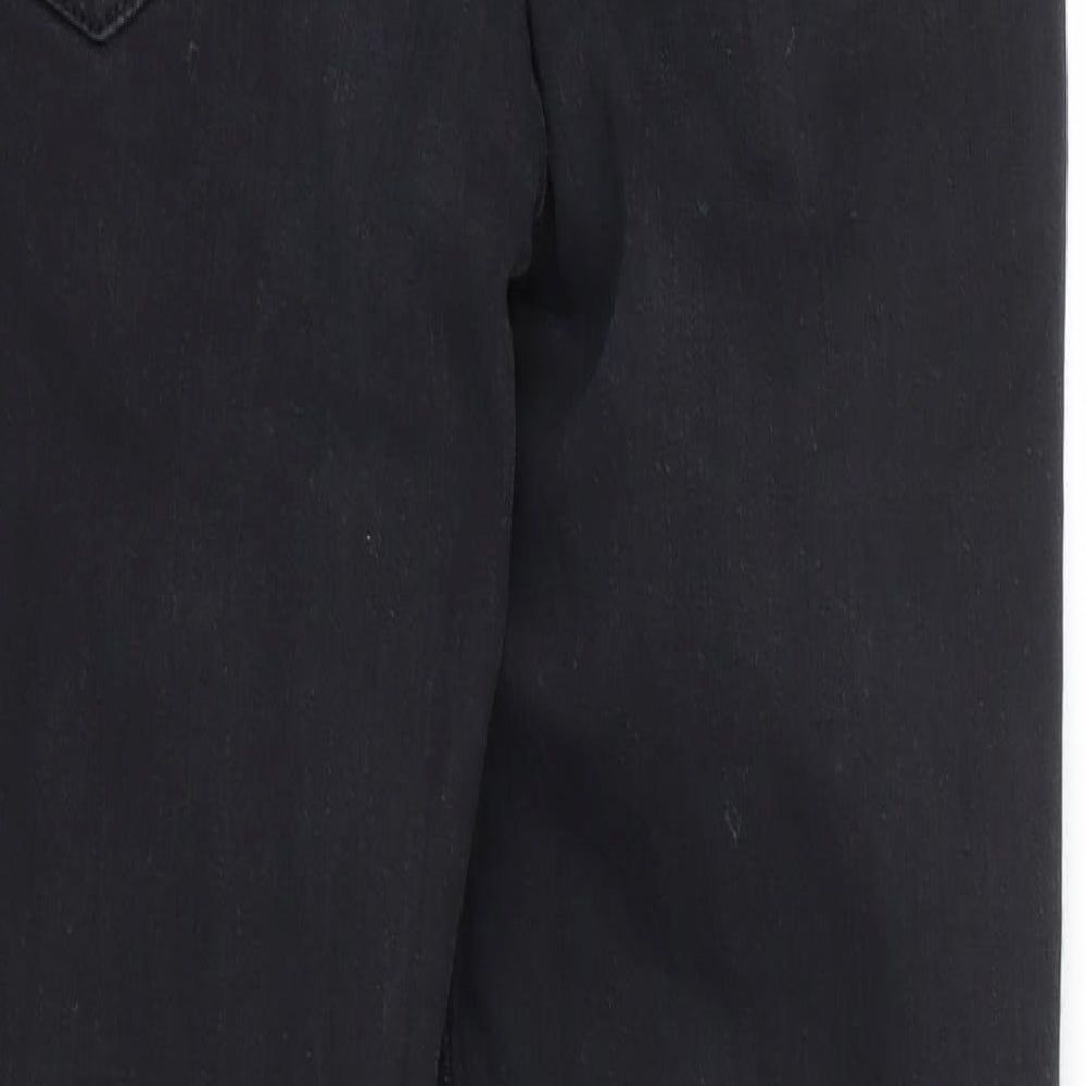 Brand and care label for Topshop women’s black denim skinny jeans, size UK 28, 30-inch leg