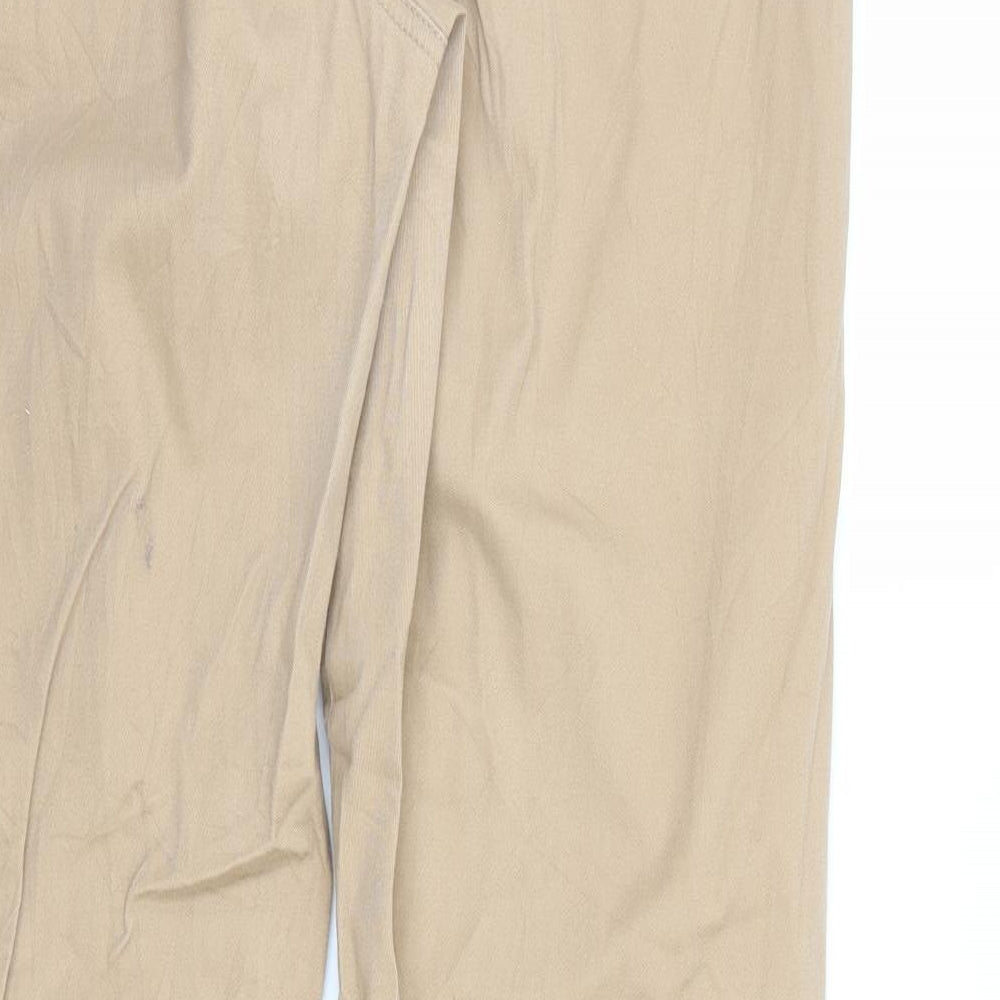 Brand and care label for Preworn women’s brown chino trousers, size UK 36, in, 30-inch leg