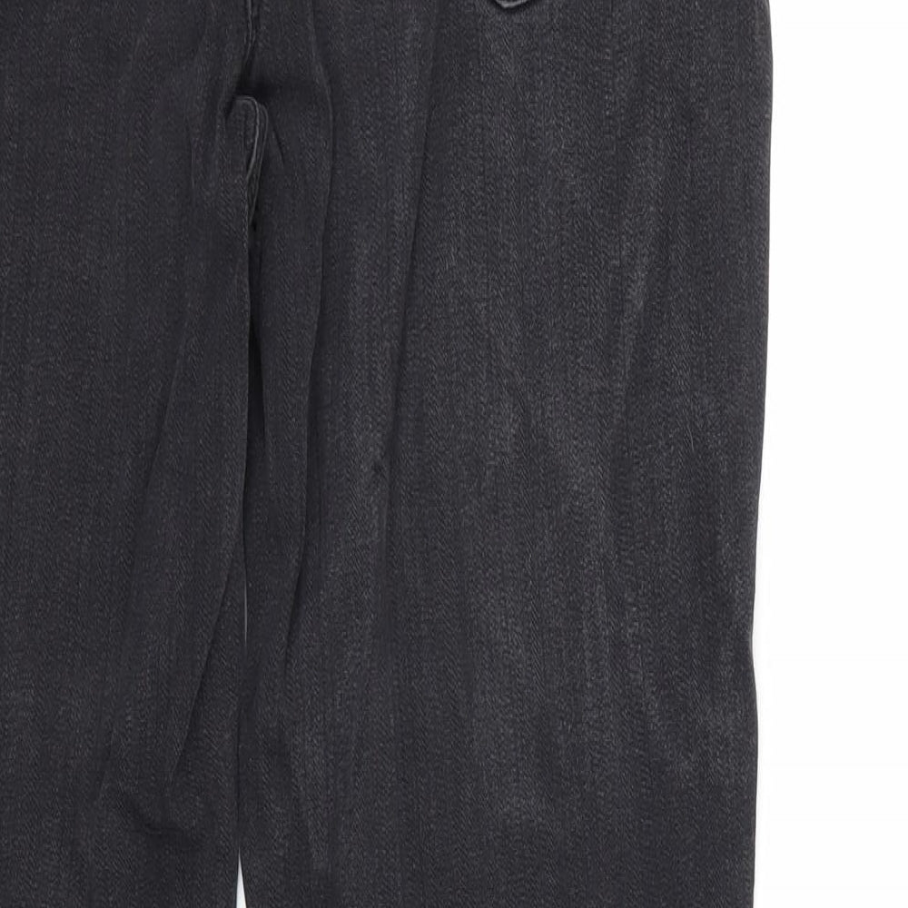 Brand and care label for WOMbat women’s black denim straight jeans, size UK 14, 27-inch leg