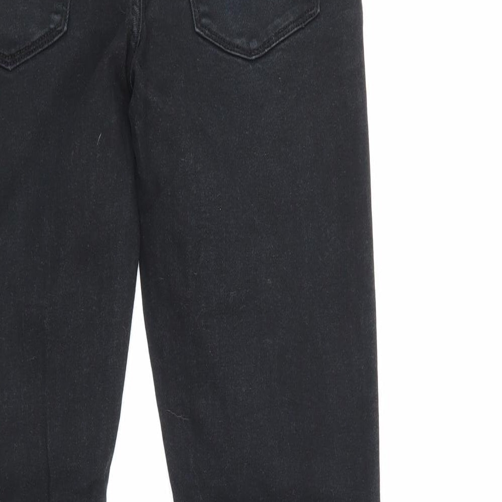 Brand and care label for River Island women’s blue straight jeans, size UK 28, 30.5-inch leg