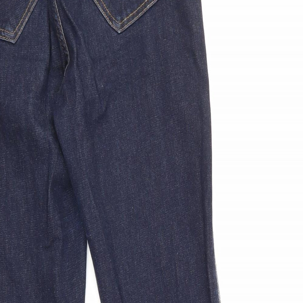Brand and care label for River Island women’s blue straight jeans, size UK 10, 27-inch leg