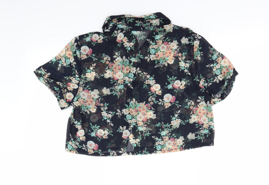 heart & bows Womens Blue Floral Cropped Button-Up Size 10
