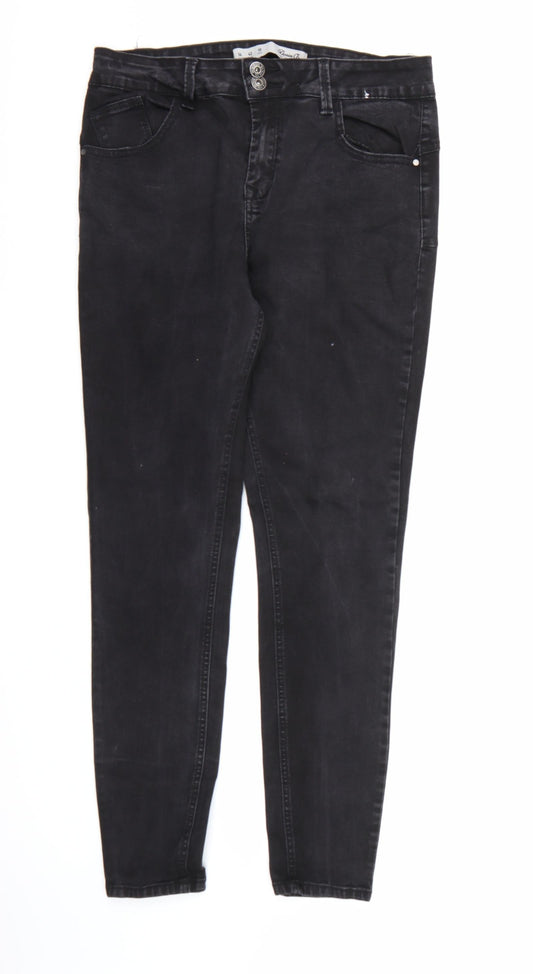 Additional front view of Denim co. women’s black denim skinny jeans, size UK 14, 28-inch leg