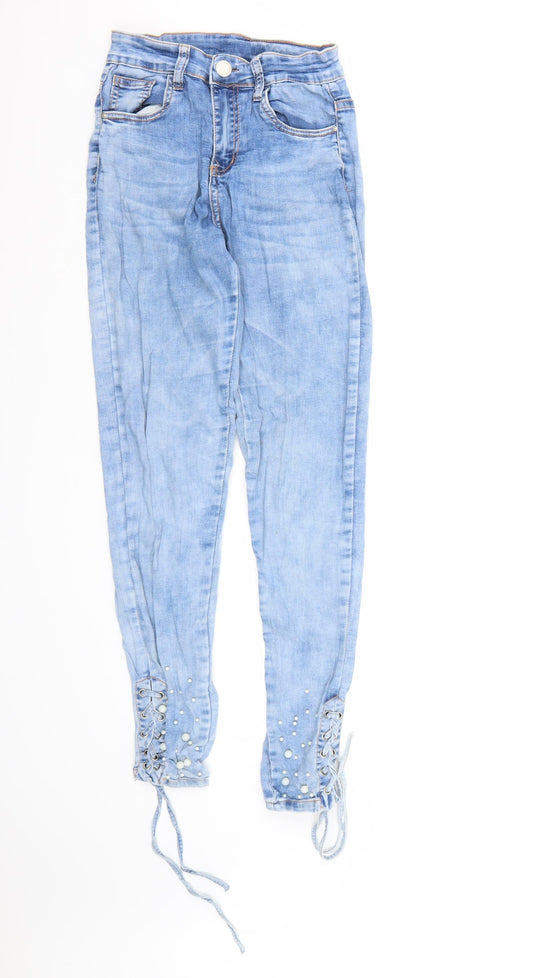 Additional front view of MISS RJ women’s blue denim skinny jeans, size UK 8, 28-inch leg