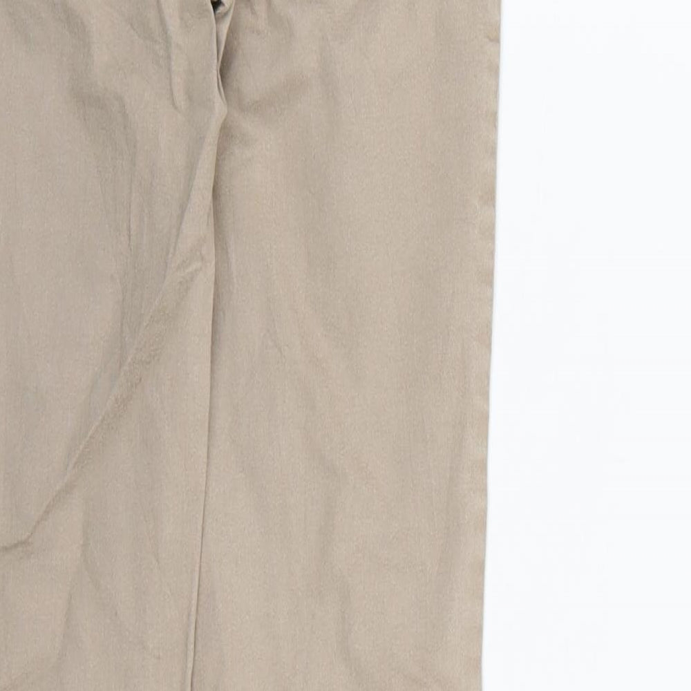 Brand and care label for Timeless men’s brown denim skinny jeans, 30-inch leg