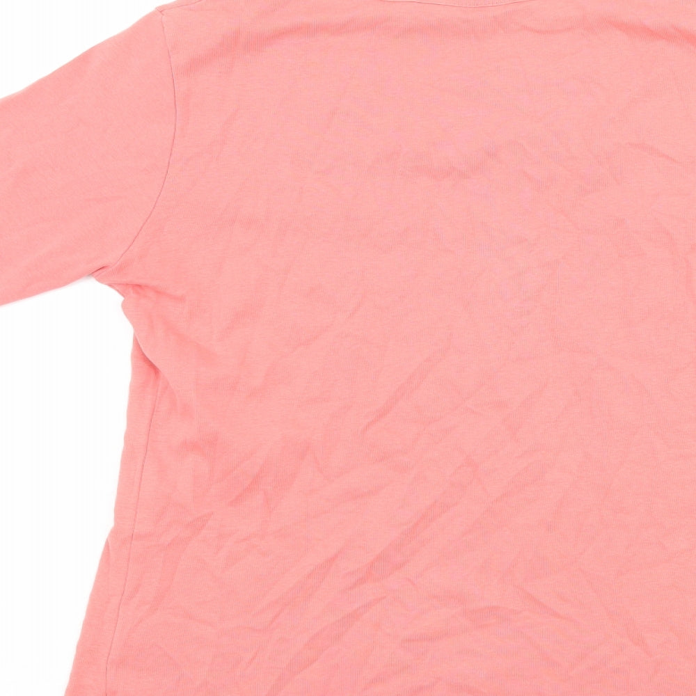 Brand and care label for isle women’s pink basic t-shirt, size S