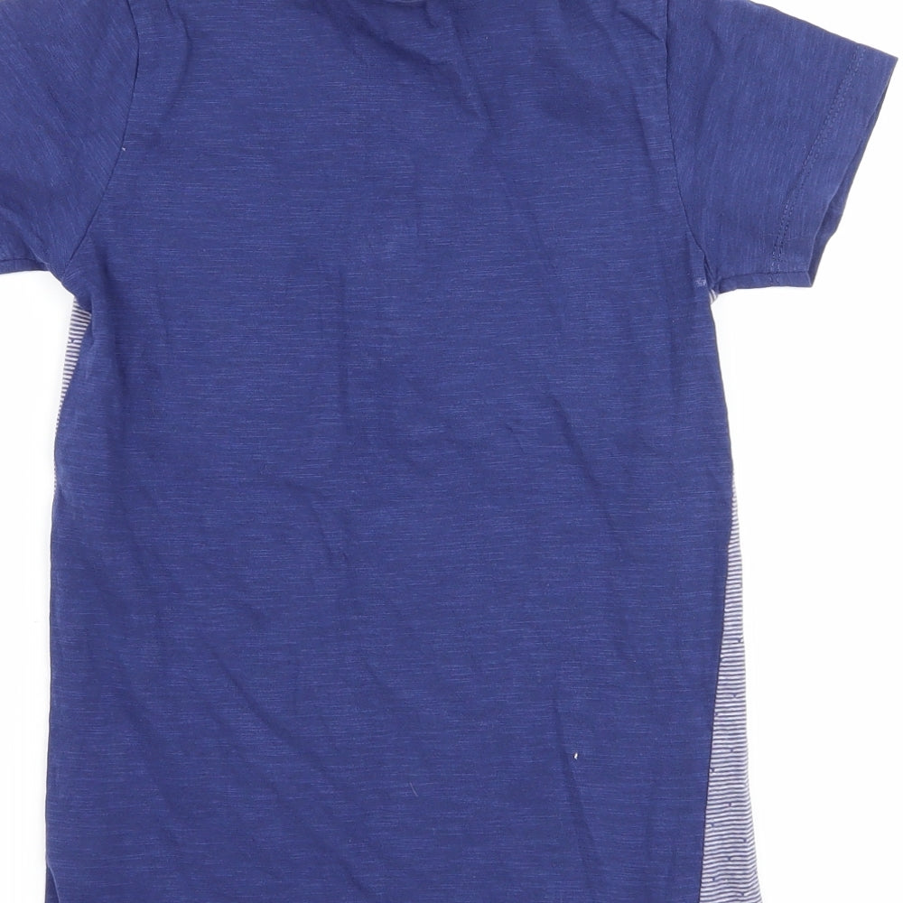 Brand and care label for Matalan boys’ blue striped basic t-shirt, size 8, years