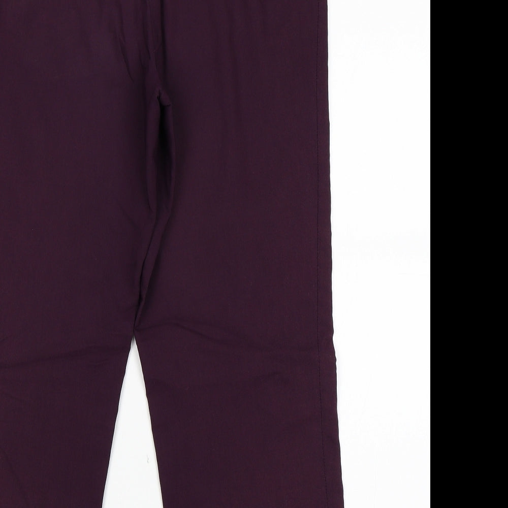 Brand and care label for Preworn women’s purple trousers, size UK 30, in, 24-inch leg