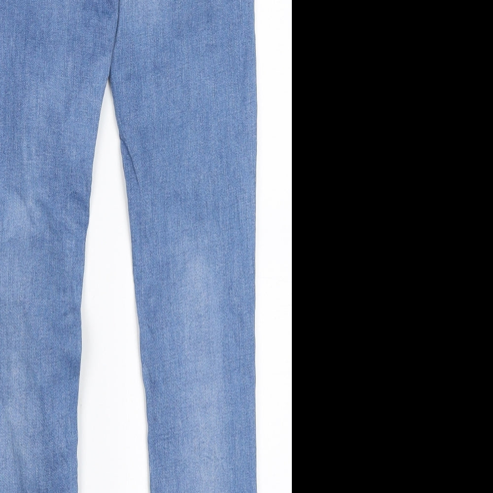 Brand and care label for Bershka women’s blue skinny jeans, size UK 26, in, 30-inch leg