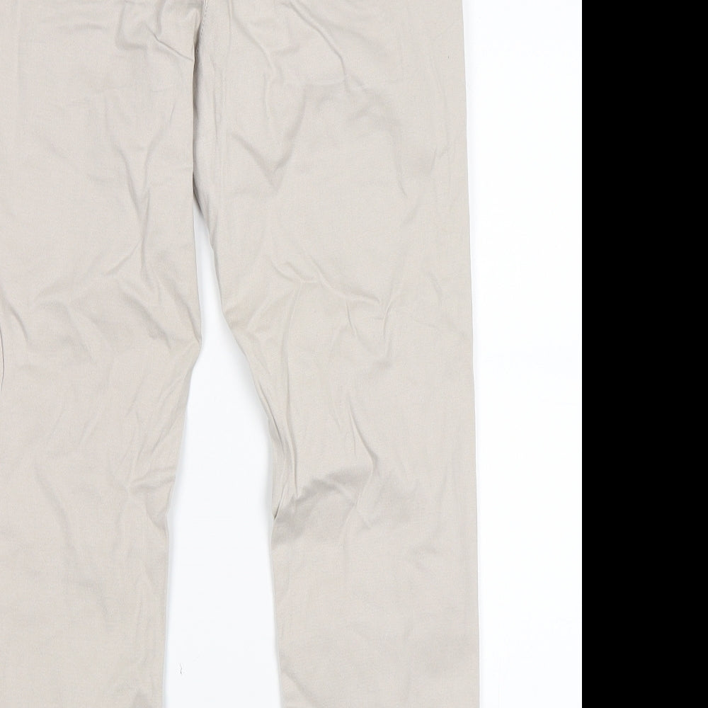 Brand and care label for Flame women’s grey chino trousers, size UK 30, in, 24-inch leg