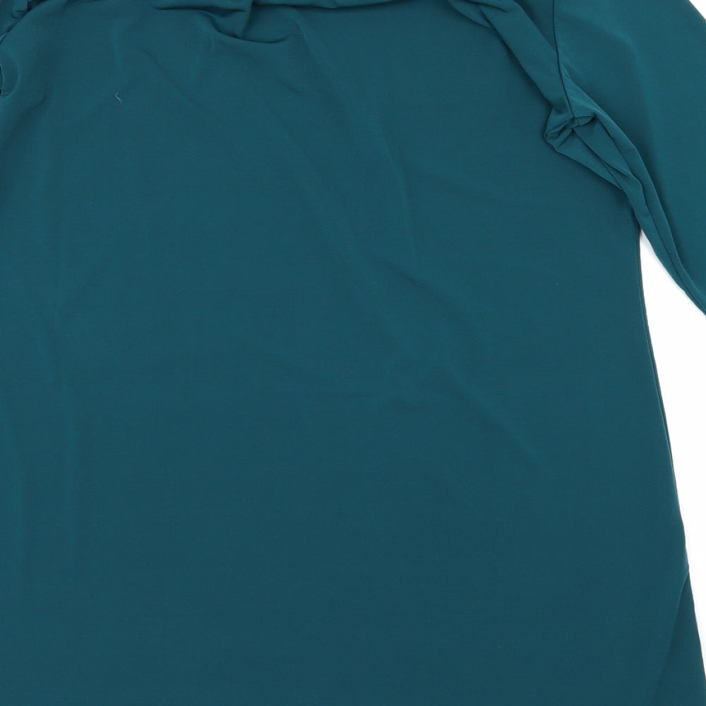 Brand and care label for Susan Graver women’s green tunic blouse, size S
