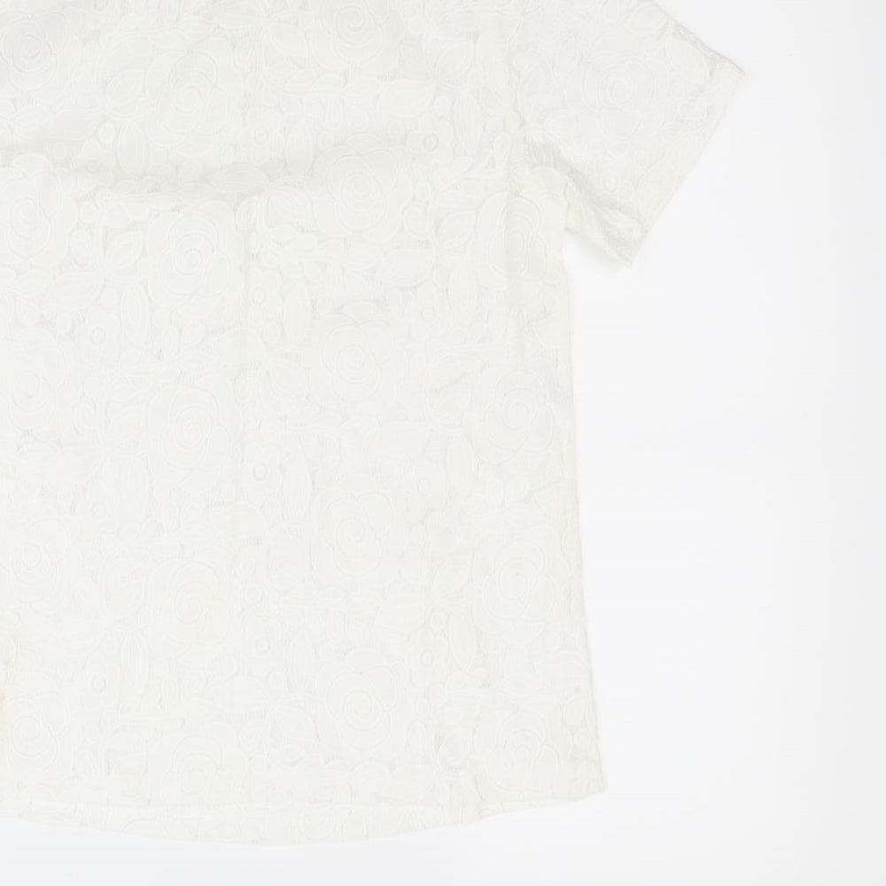 Brand and care label for Poppy lux women’s white floral basic blouse, size UK 8