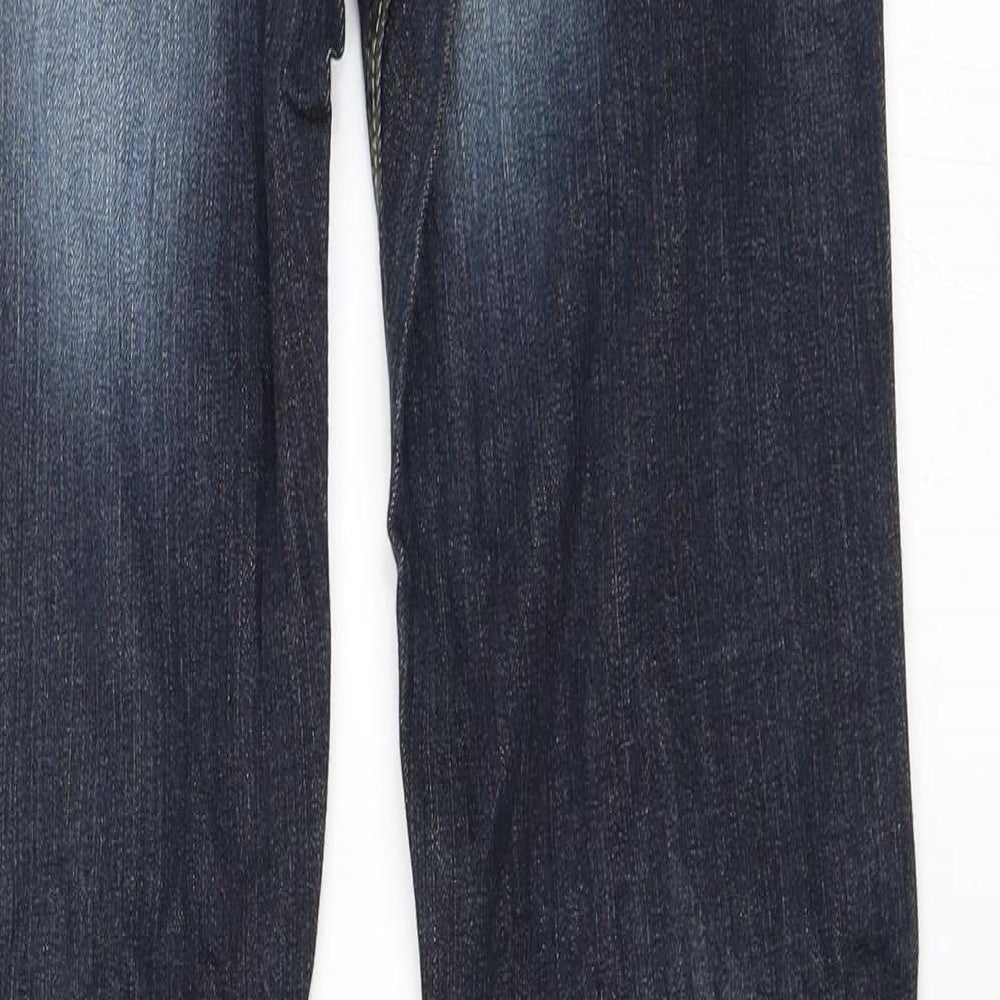Brand and care label for women’s blue denim straight jeans, size UK 29, in, 33-inch leg