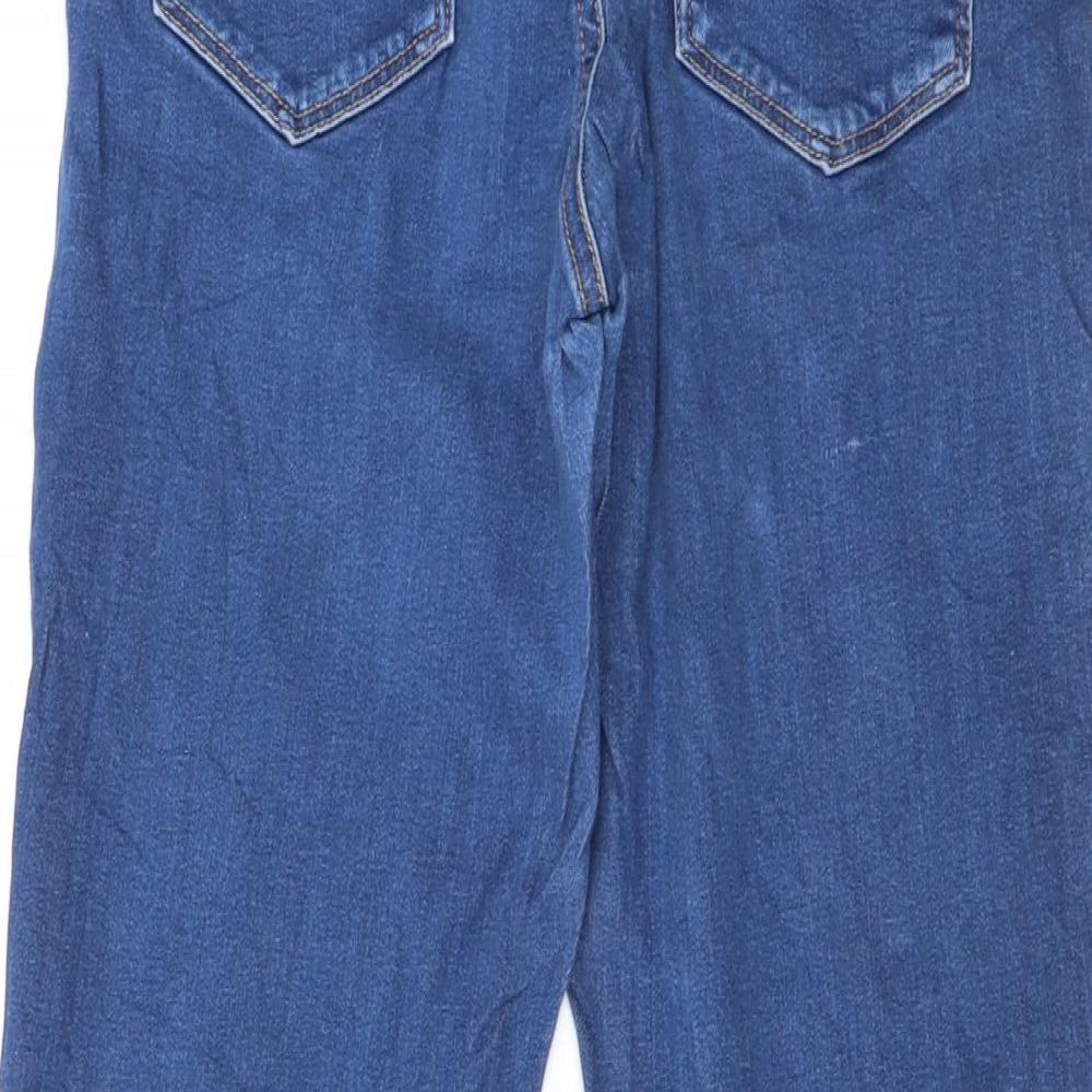 Brand and care label for women’s blue straight jeans, size UK 28, in, 25-inch leg