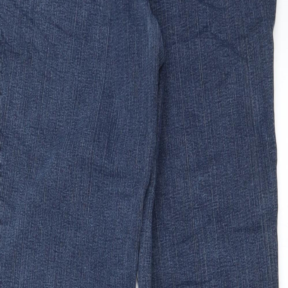 Brand and care label for Malva women’s blue straight jeans, size UK 28, in, 24-inch leg