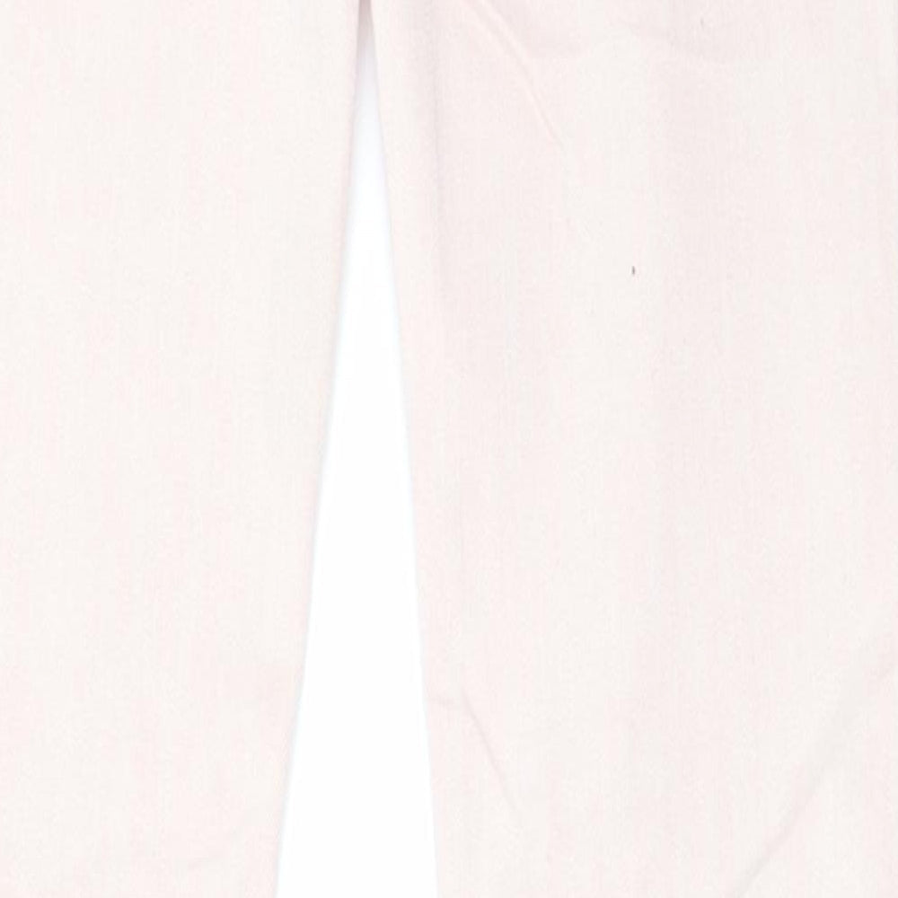 Brand and care label for women’s pink straight jeans, size UK 28, in, 28-inch leg