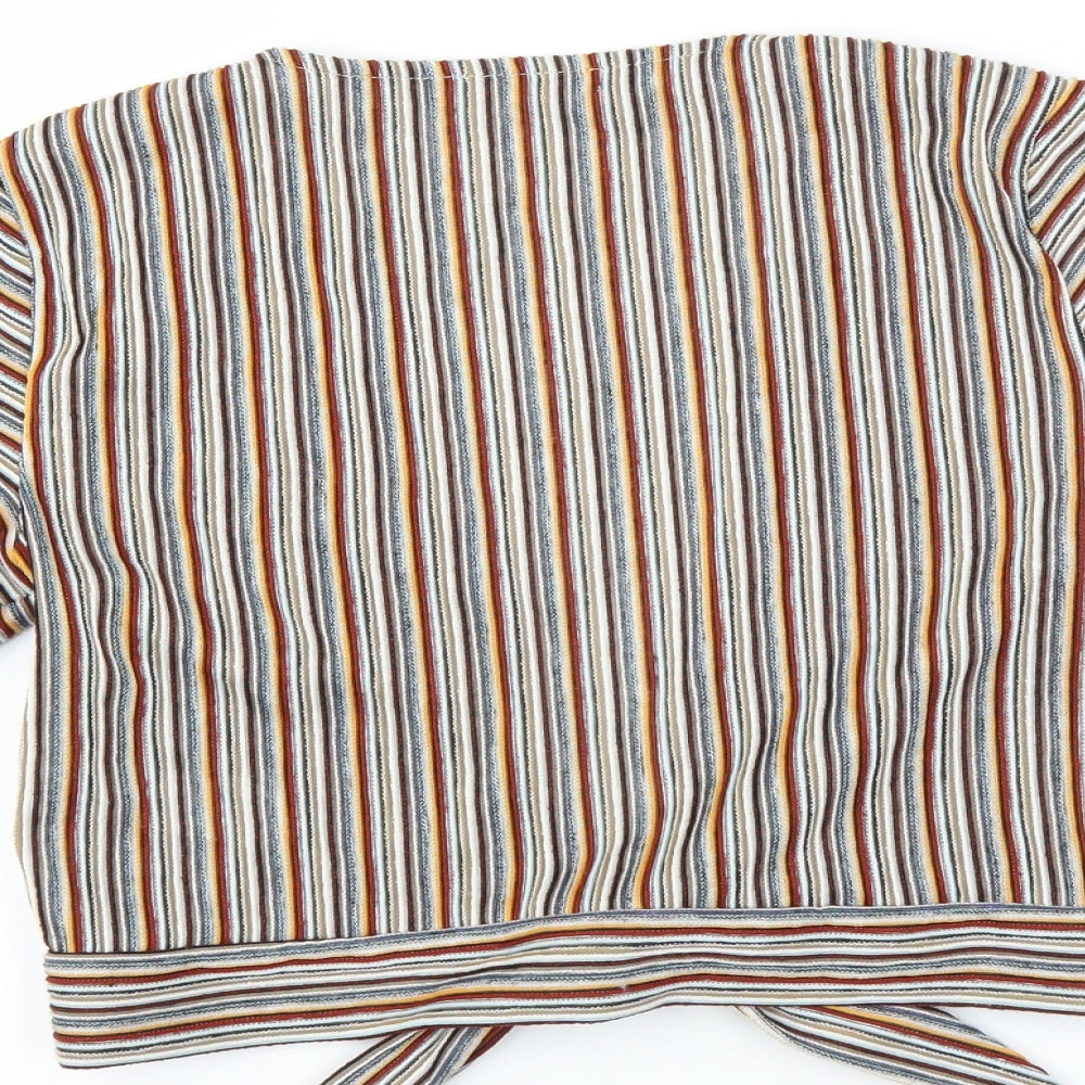 Brand and care label for Pull&Bear women’s multicoloured striped shrug jumper, size S