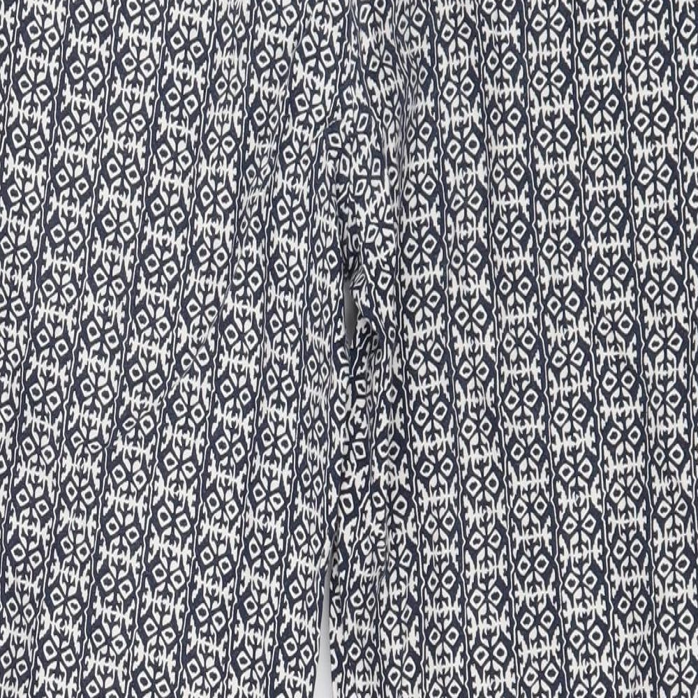 Brand and care label for Katherine Barclay women’s blue geometric trousers, size UK 14, 25-inch leg