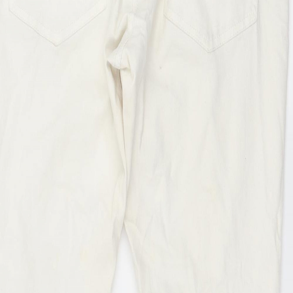 Brand and care label for Rut & Circle women’s white denim skinny jeans, size UK 16, 29-inch leg