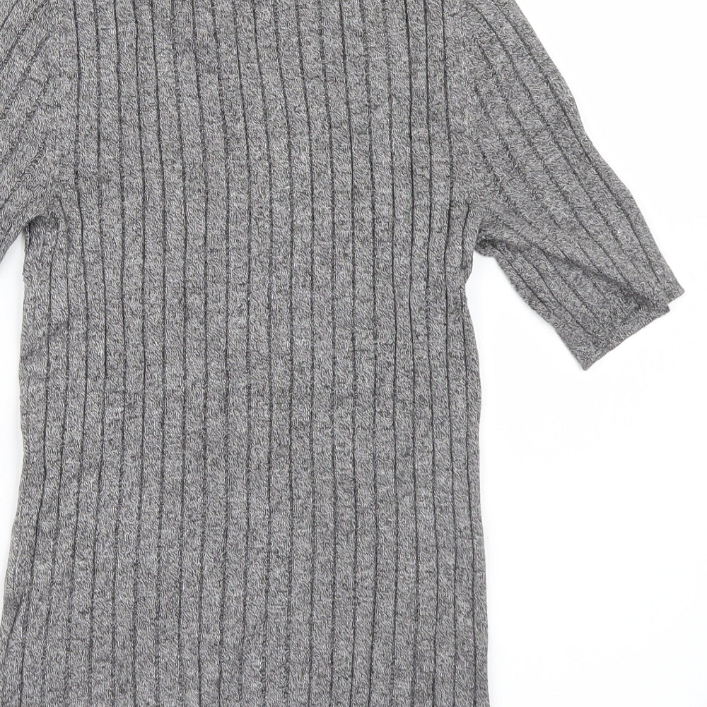 Brand and care label for Marks & Spencer women’s grey knit basic t-shirt, size UK 8