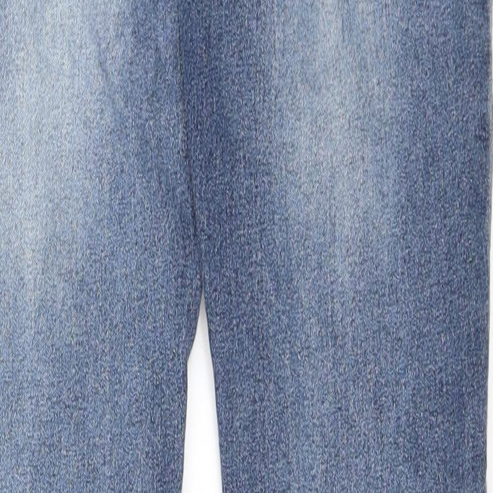 Brand and care label for Roma Studio women’s blue denim skinny jeans, size S, 28-inch leg