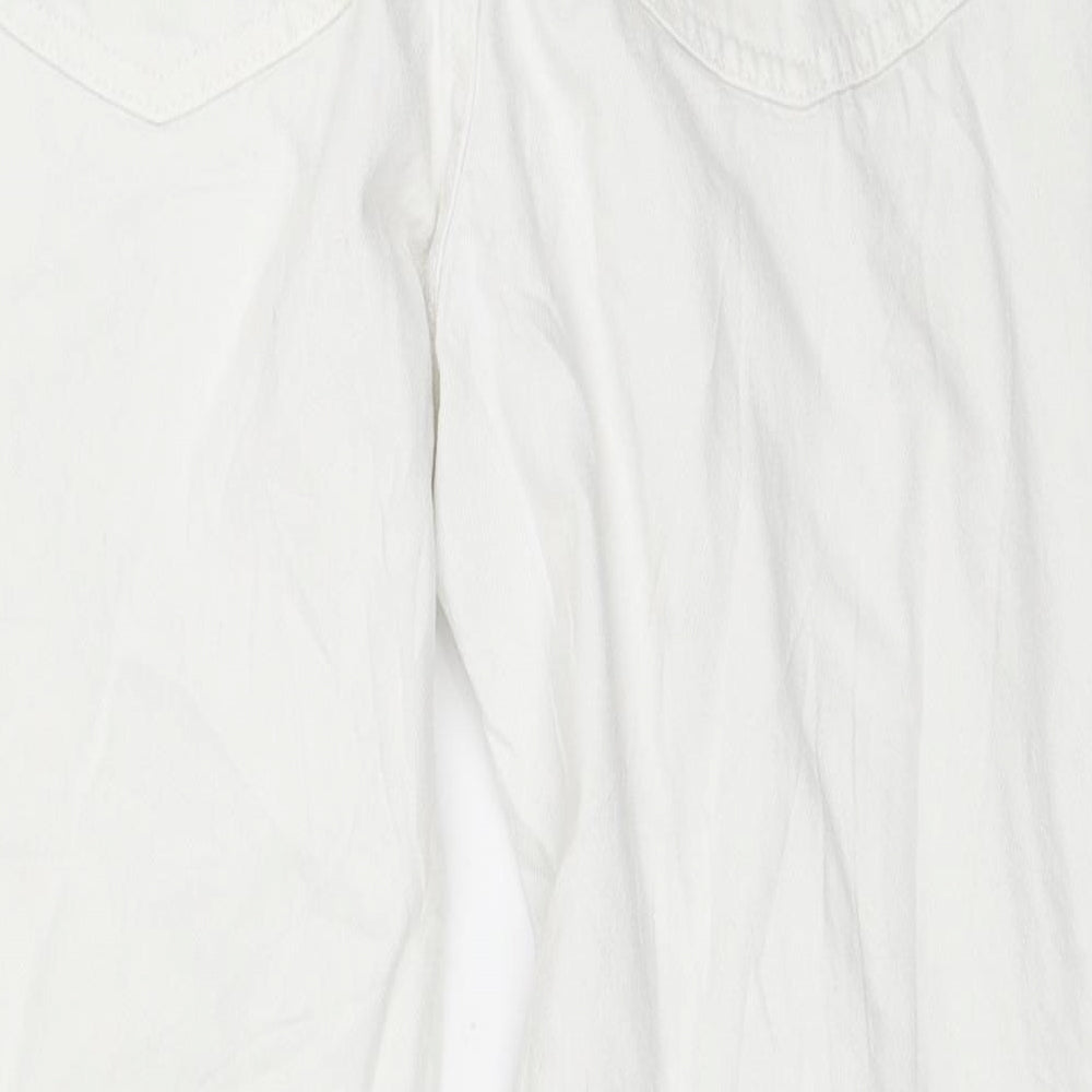 Brand and care label for women’s white denim straight jeans, size UK 12, 25-inch leg