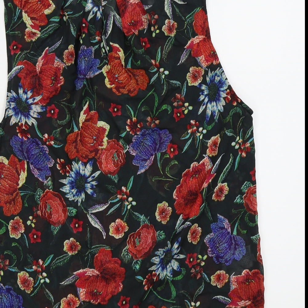 Brand and care label for Mango collection women’s black floral basic tank, size UK 6