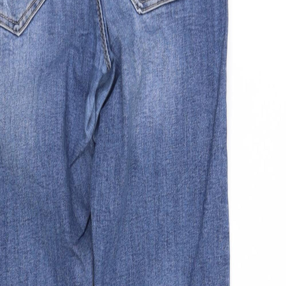 Brand and care label for women’s blue straight jeans, size XS, 30-inch leg