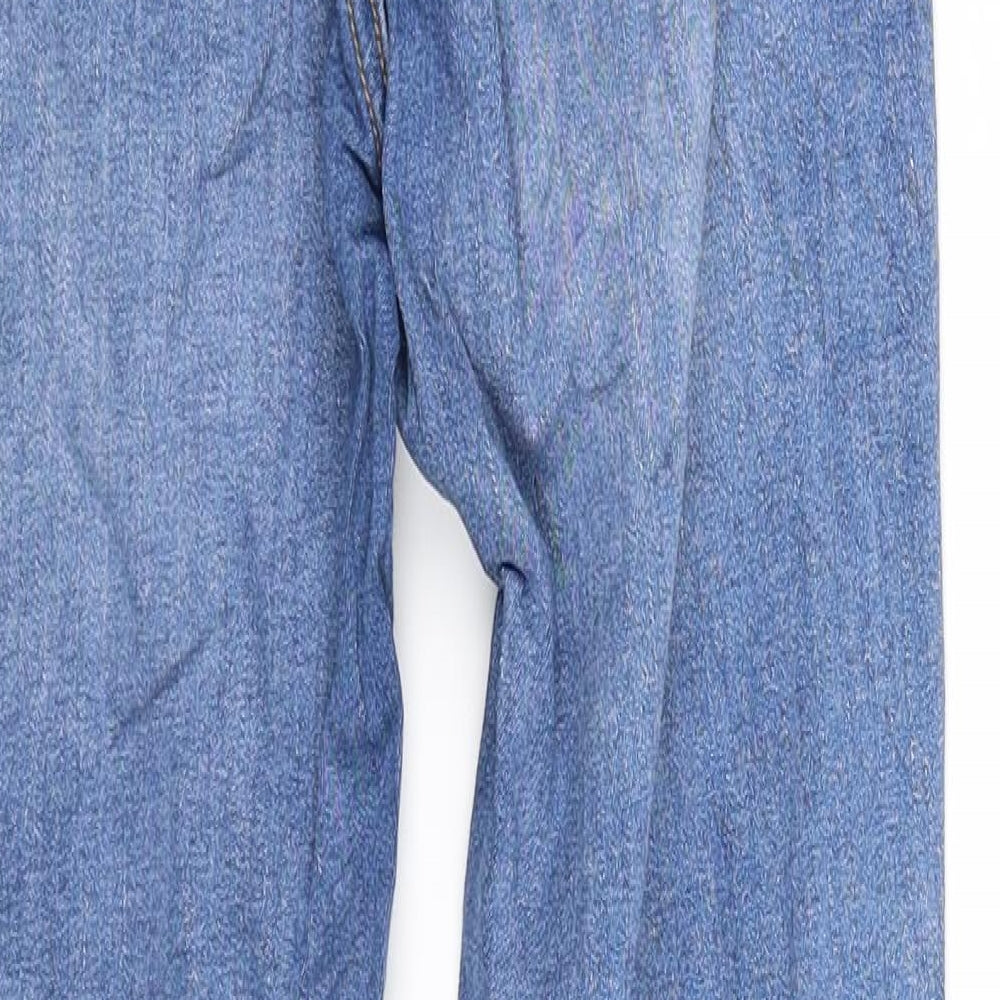 Brand and care label for molly women’s blue straight jeans, size L, 32-inch leg