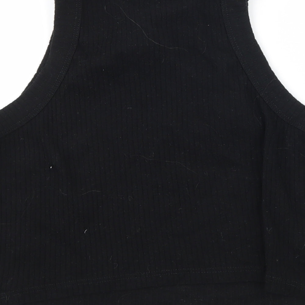 Brand and care label for River Island women’s black jersey basic tank, size UK 14