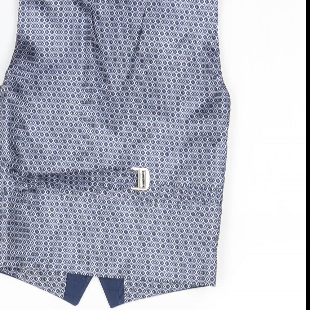 Brand and care label for Preworn men’s blue check gilet waistcoat, size S