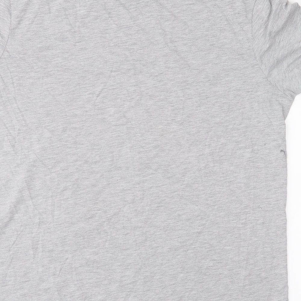 Brand and care label for Justice League men’s grey t-shirt, size L