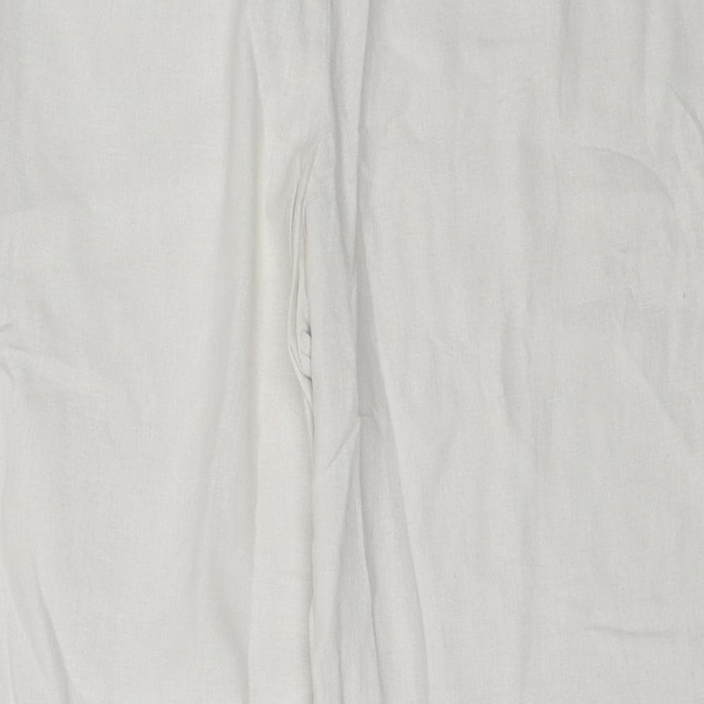 Brand and care label for Ellie Louis women’s white trousers, size UK 12, 22-inch leg