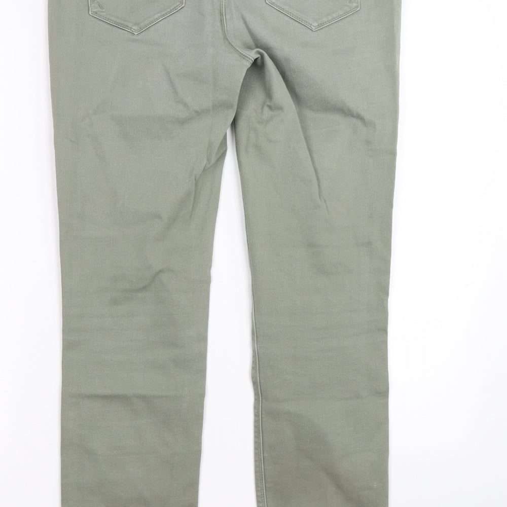 Brand and care label for dunned women’s green denim skinny jeans, size UK 10, 27-inch leg