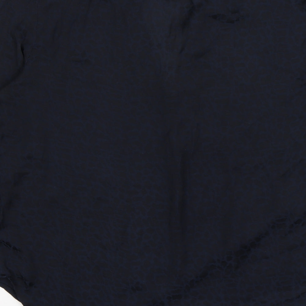 Brand and care label for Next women’s blue animal print satin basic blouse, size UK 10