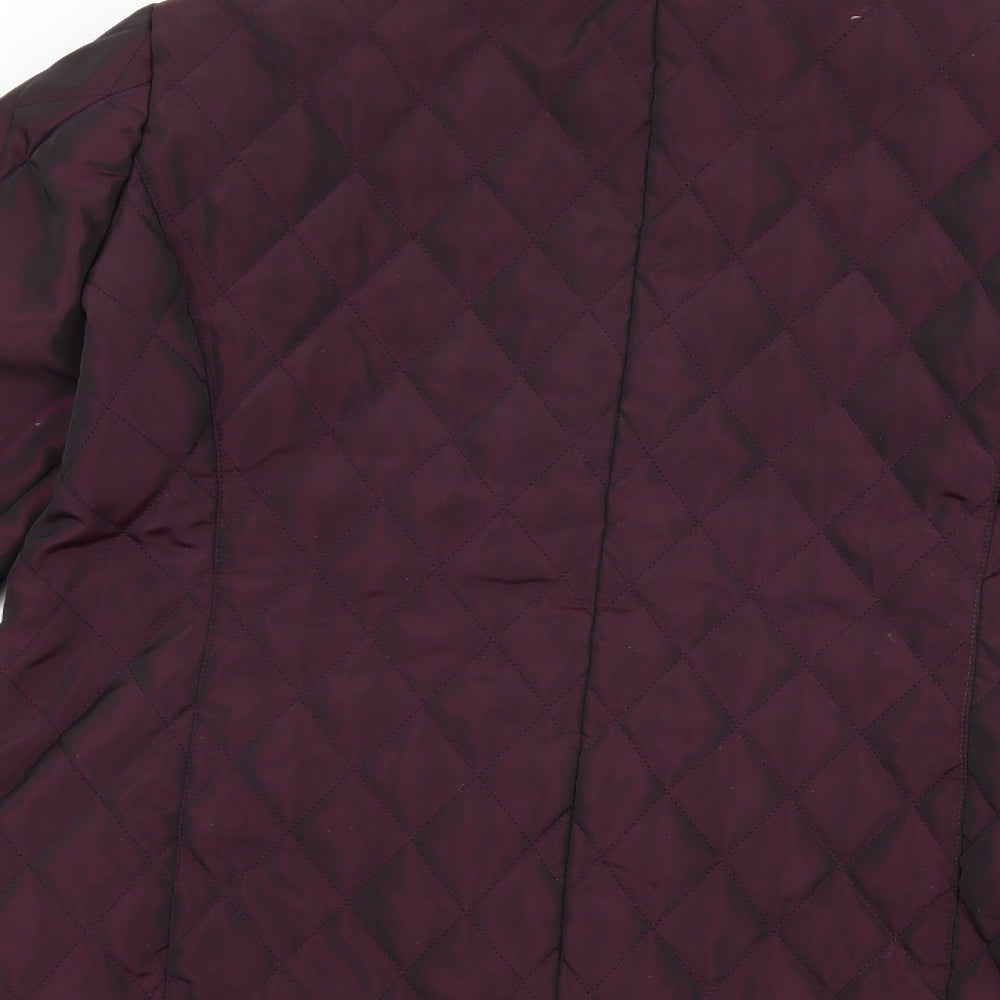 Brand and care label for Bassini women’s purple quilted coat, size M
