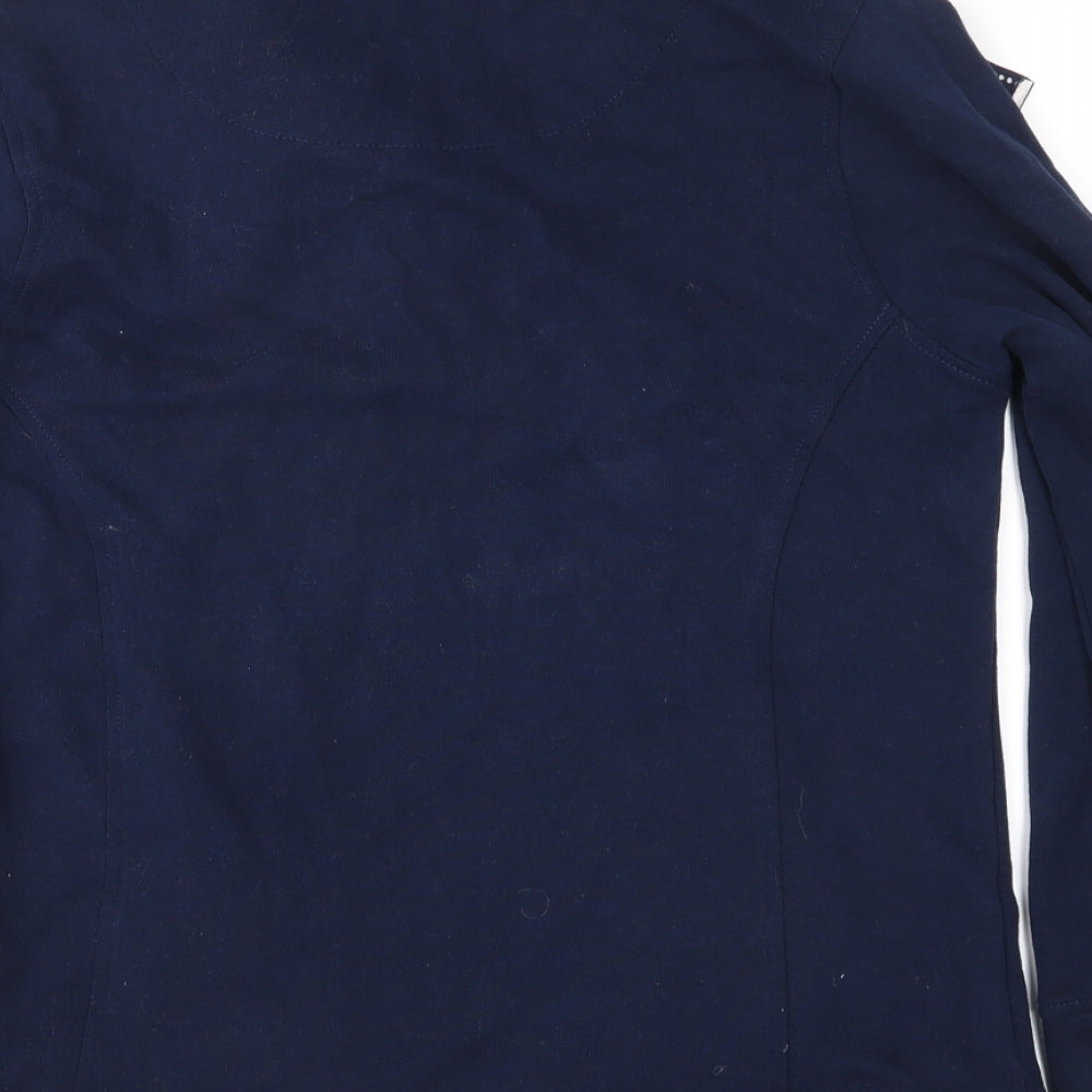 Brand and care label for Tu women’s blue jersey jacket, size UK 8