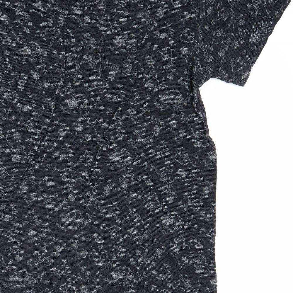 Brand and care label for Next women’s blue floral basic t-shirt, size S
