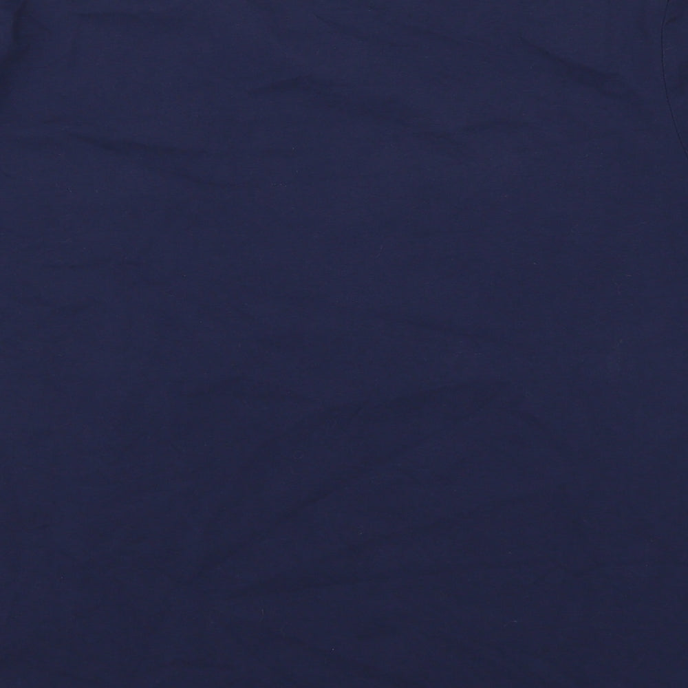 Brand and care label for Preworn men’s blue t-shirt, size L