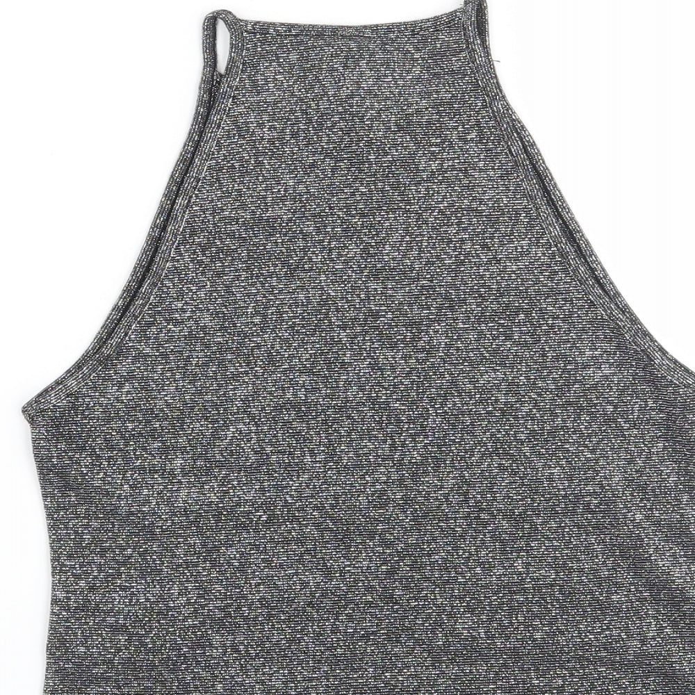 Brand and care label for H&M women’s grey blouse, size S