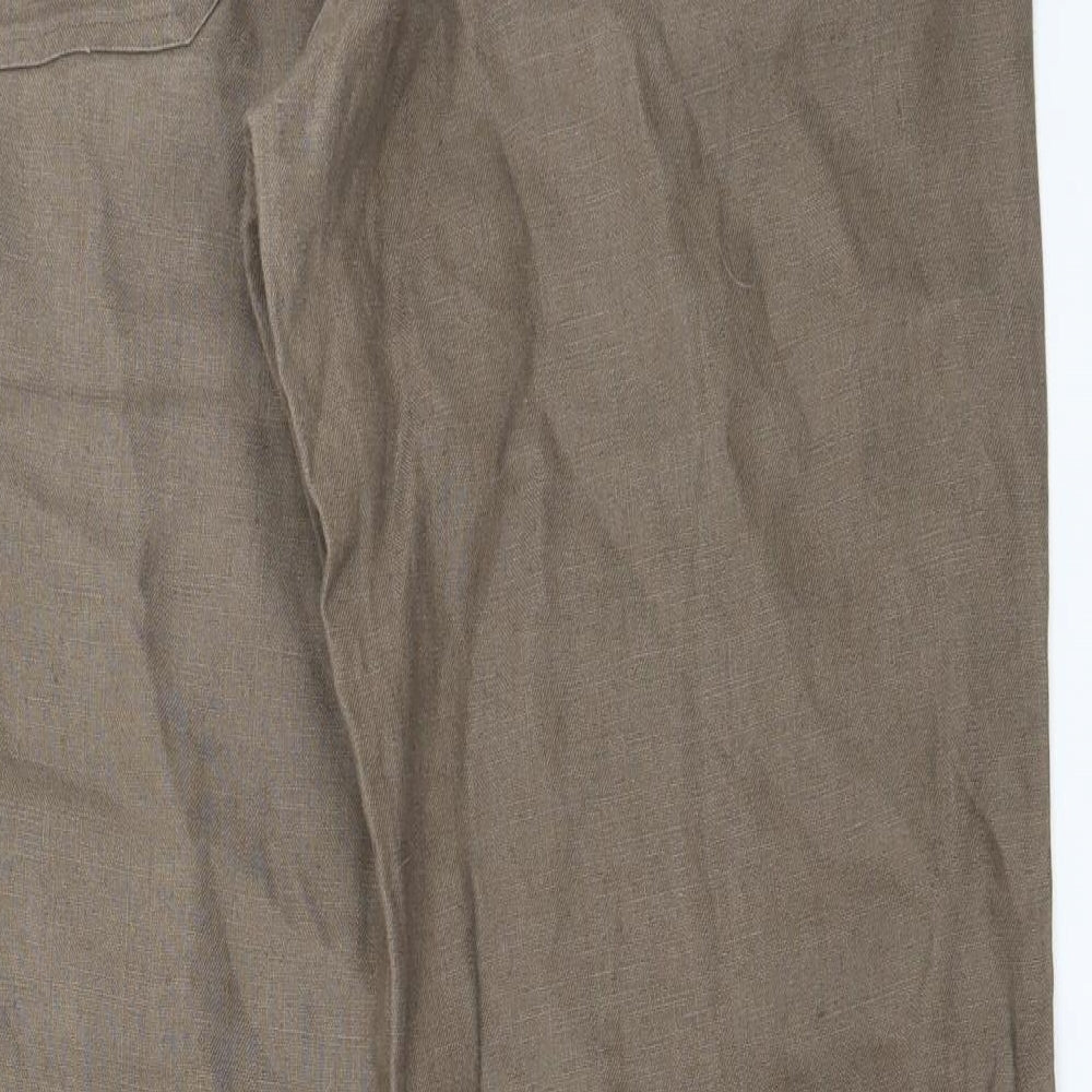 Brand and care label for Preworn women’s brown trousers, size UK 32, in, 29-inch leg