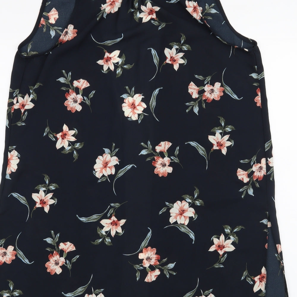 Brand and care label for New Look women’s blue floral cardigan jumper, size UK 8