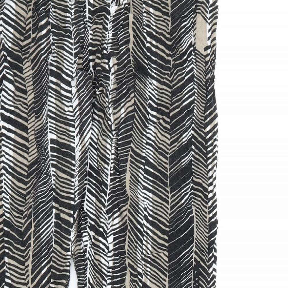 Brand and care label for Preworn women’s black striped trousers, size UK 14, 26-inch leg