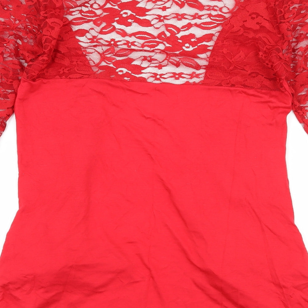 Brand and care label for Whats Up women’s red floral cardigan jumper, size M