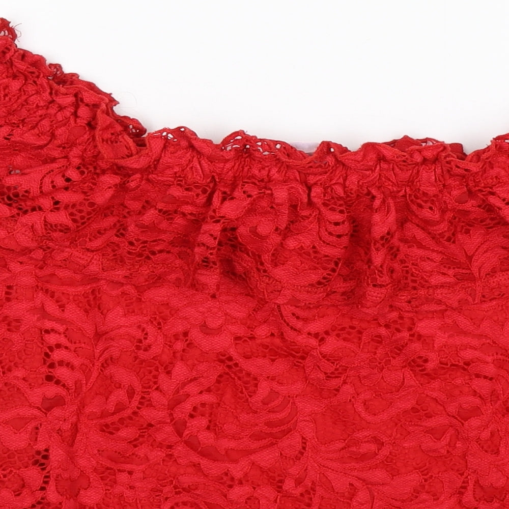 Brand and care label for Miss Selfridge women’s red floral lace cropped t-shirt, size UK 12